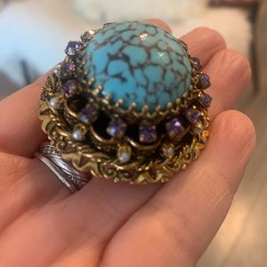 Vintage Turquoise Cabochon Rhinestone Dome Brooch